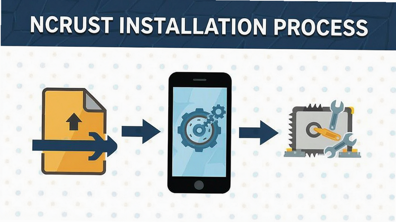 Ncrust installation process diagram, file extraction icon, smartphone screen, simple vector art