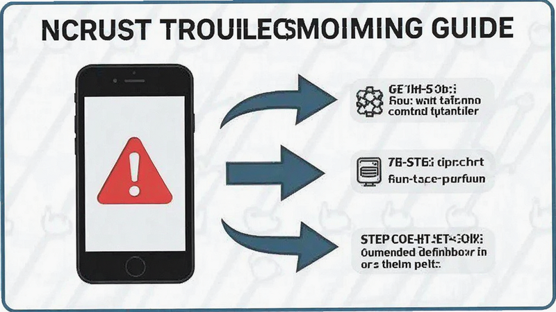 Ncrust troubleshooting guide illustration, phone with warning icon, step-by-step arrows, clean infographic style