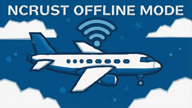 Ncrust offline mode illustration, airplane with disconnected wifi symbol, simple geometric shapes, vector style, blue and white tones