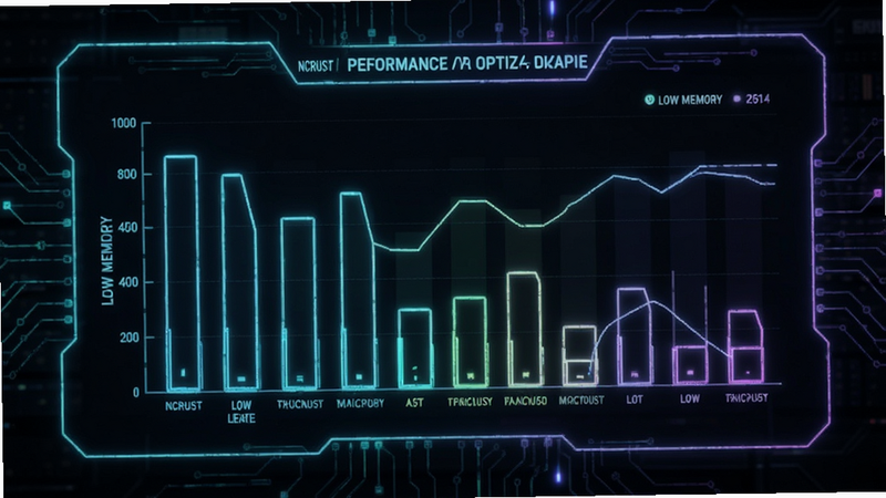 Ncrust performance optimization graph, low memory usage bars, tech aesthetic, dark mode interface, neon accents, clean lines