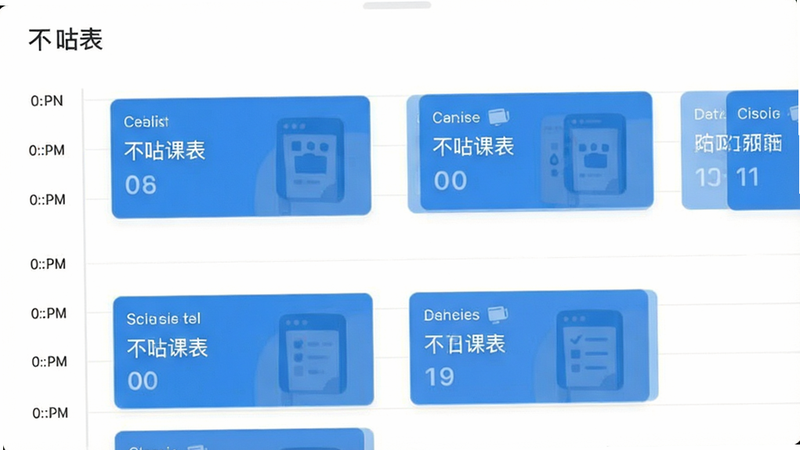 不咕课表 极简界面预览图,扁平化设计,清晰的时间轴,白色背景,蓝色课程卡片,干净无多余元素,高清画质