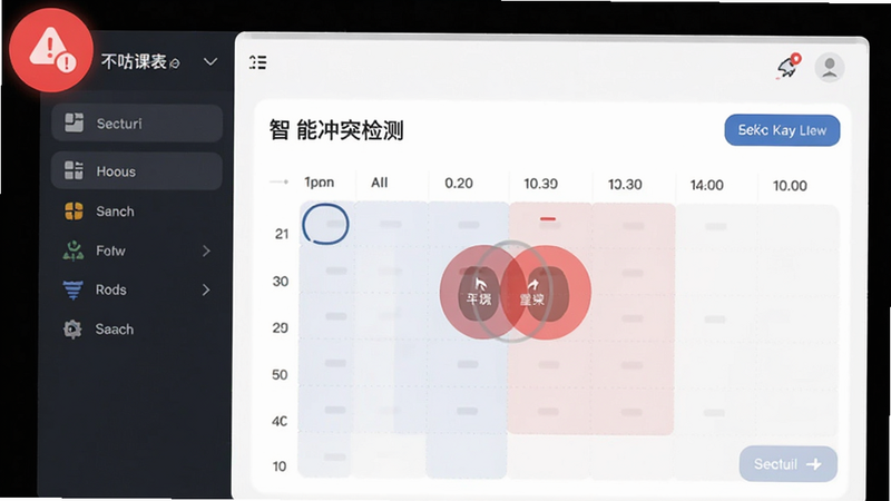 不咕课表 智能冲突检测界面,红色警示图标,时间重叠区域高亮,简洁UI,现代风格,细节清晰,无多余元素