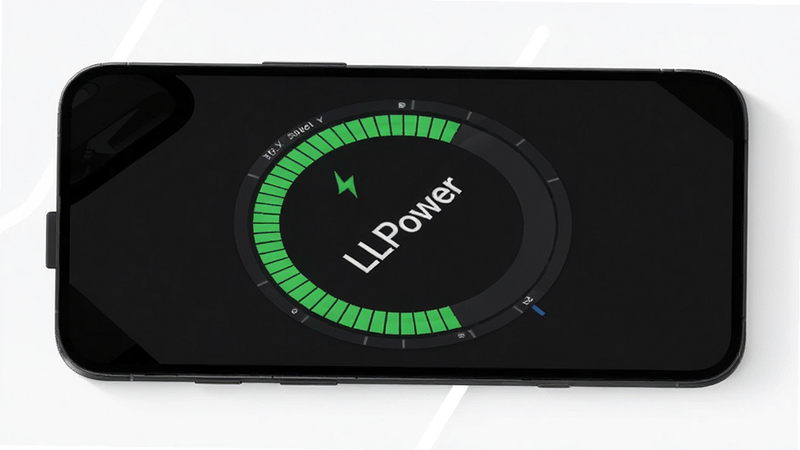 LLPower app interface showing a circular battery gauge with green efficiency bars, dark mode background, clean UI design, text