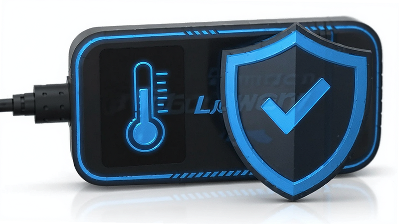 LLPower charging protection mode with a thermometer icon and safety shield graphic, blue accent color