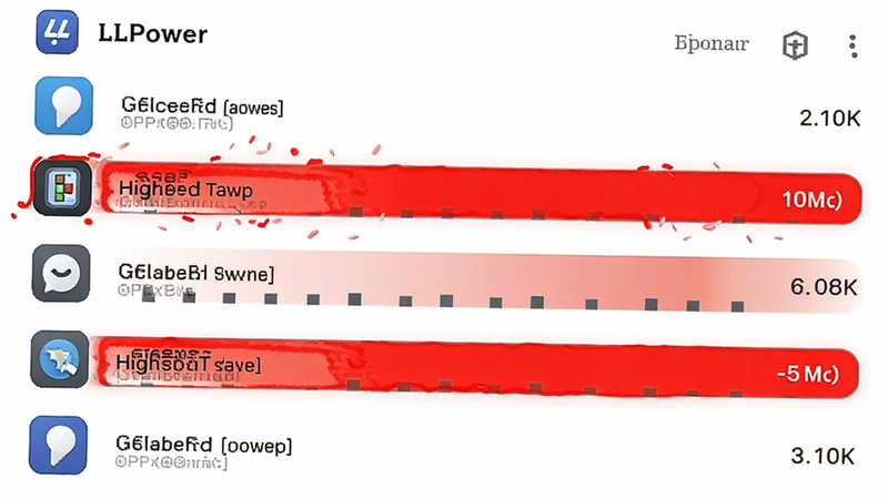 LLPower app screenshot with a list of apps sorted by battery consumption, red highlight on high usage apps, clean white background