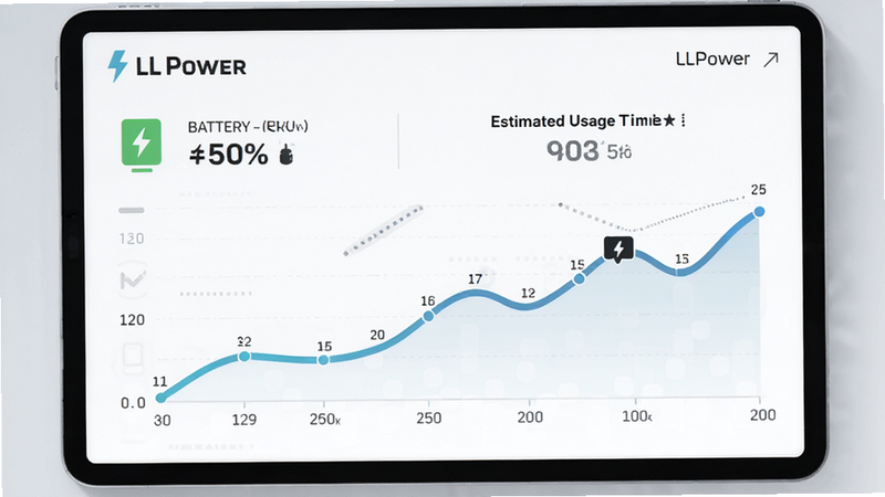 LLPower dashboard displaying real-time battery percentage and estimated usage time, graph line showing trend, modern flat design
