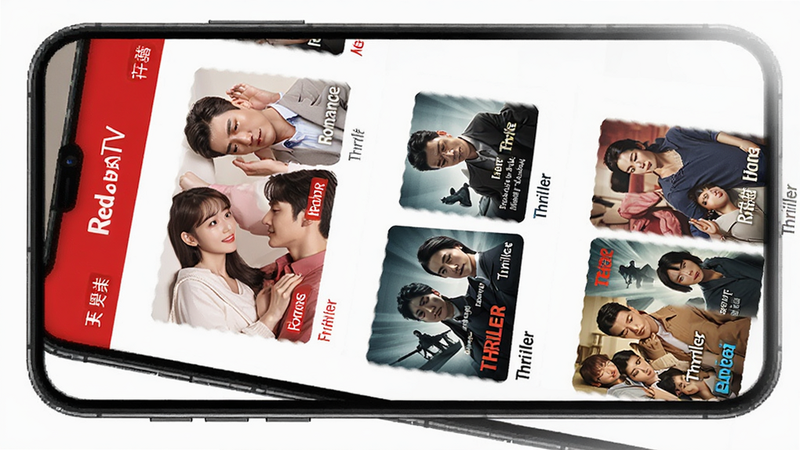Red��TV content library screen, smartphone displaying a long scrollable list of short drama posters with genre tags like 'Romance' and 'Thriller', clean white background, user-friendly interface, realistic mobile UI rendering