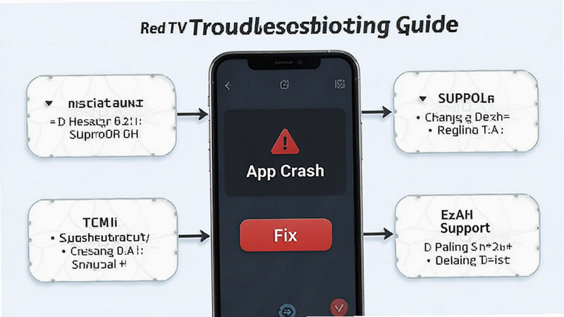 Red��TV troubleshooting guide, smartphone screen showing error message 'App Crash' with a 'Fix' button, tech support style, clean background, instructional graphic
