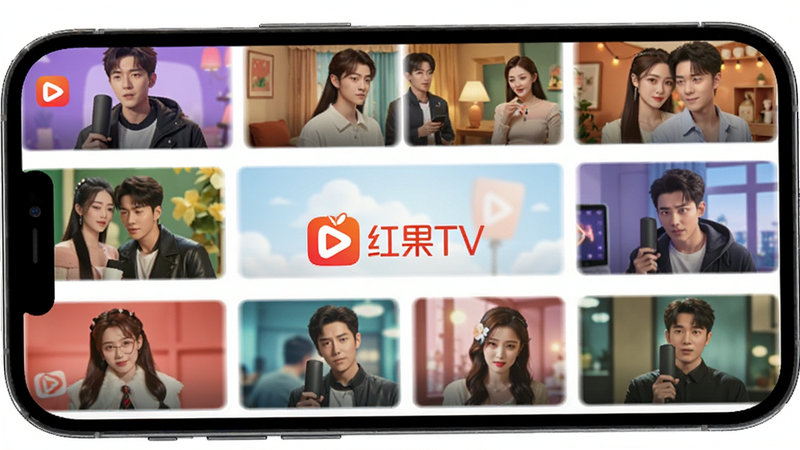 Red��TV app interface mockup, smartphone screen showing a grid of colorful short drama thumbnails with '���TV' logo in the center, clean UI design, bright colors, modern flat style, high quality digital art