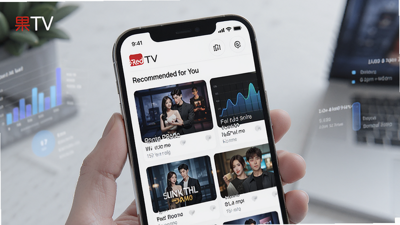 Red��TV personalized recommendation feed, smartphone screen showing 'Recommended for You' section with tailored short drama cards, data visualization style, clean layout, modern tech aesthetic