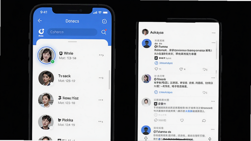 对圈职场app界面截图,显示用户头像列表和动态信息流,蓝色和白色为主色调,简洁现代风格,清晰易读
