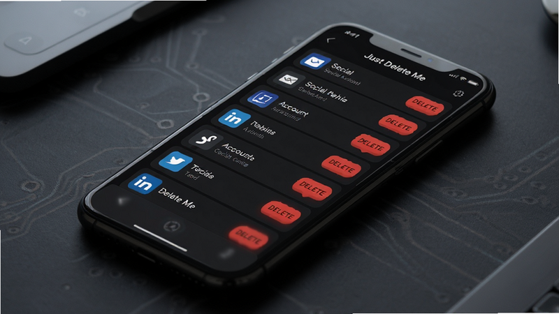 Just Delete Me app interface on a smartphone screen showing a list of social media accounts with delete buttons, clean minimalist UI design, dark mode theme, professional tech product shot, high resolution, realistic lighting