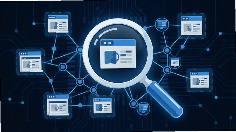 Just Delete Me scanning process graphic, showing a magnifying glass icon over a network of connected nodes representing different websites, blue and white color scheme, tech illustration style
