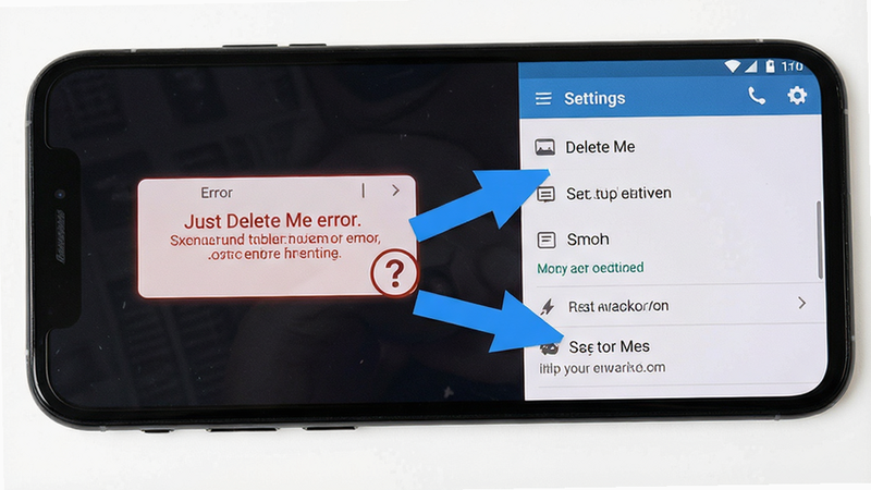 Just Delete Me troubleshooting guide, smartphone showing error message and help icon, clean interface with arrows pointing to settings menu