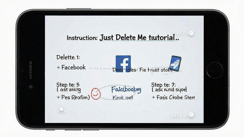 Just Delete Me tutorial screen with step-by-step instructions for deleting a Facebook account, clear text layout, smartphone mockup, instructional design