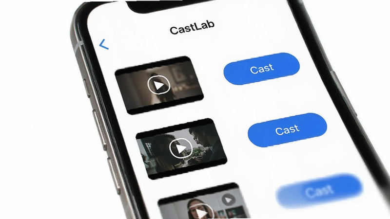 CastLab app interface on a smartphone screen, showing a list of media files ready to cast, modern minimalist UI design, clean white background, blue accent buttons, high resolution, realistic smartphone rendering, text
