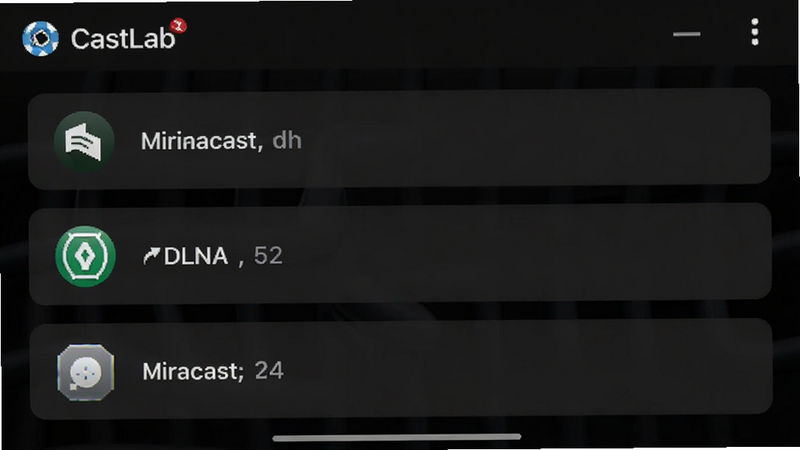 CastLab app settings screen showing protocol options like Miracast and DLNA, dark mode interface, clear icons, high contrast, smartphone screenshot style, text