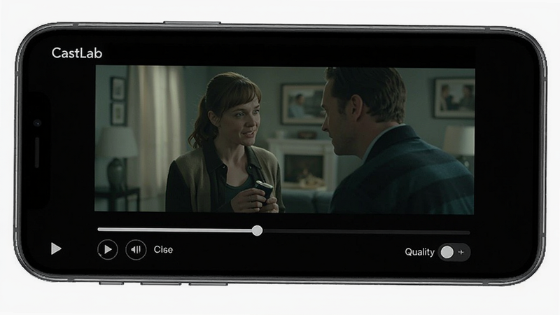 CastLab video player interface with a progress bar and quality settings, displaying a movie scene, sleek modern design, smartphone view, text