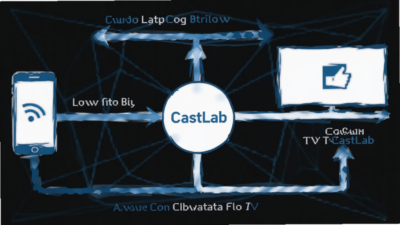 Network diagram illustrating low latency data flow from phone to TV using CastLab, clean vector style, blue and white color scheme, text