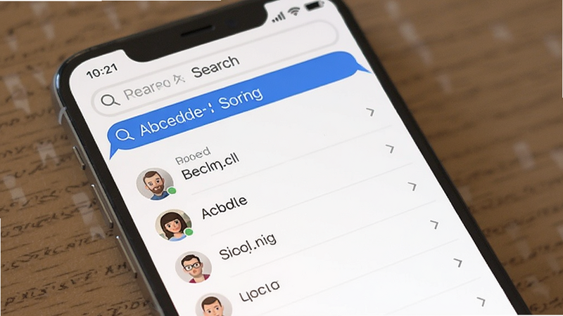 Phone app contact list, search bar active, alphabetical sorting, clean layout, smartphone interface