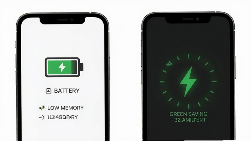 Phone app performance metrics, battery icon, low memory usage, green energy saving indicator, minimalist style