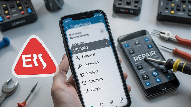 Phone app troubleshooting guide, error message icon, settings menu, smartphone repair context