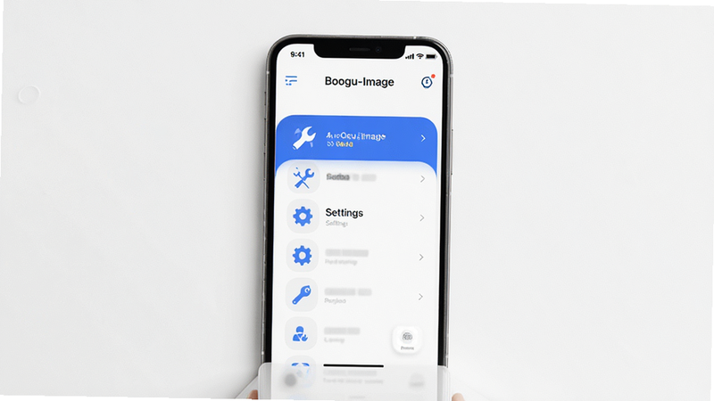 Boogu-Image: 台爪Claw app interface overview, clean modern UI design, minimalist style, white background with blue accents, showing main menu icons for tools and settings, high resolution, 4k, no text, professional product photography style