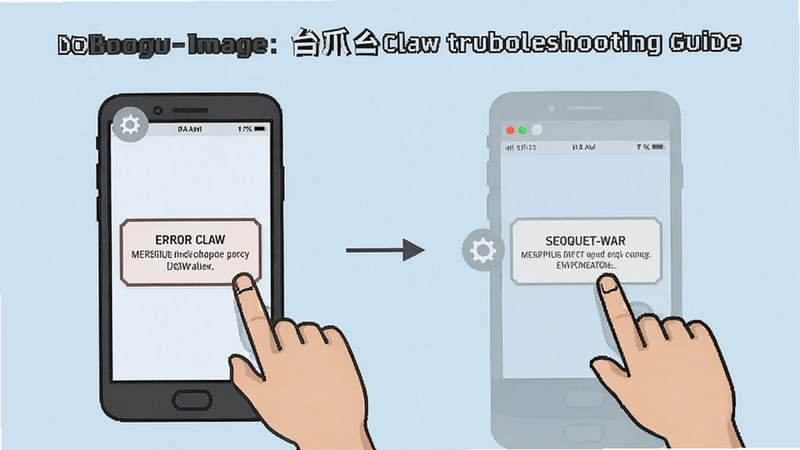 Boogu-Image: 台爪Claw troubleshooting guide illustration, smartphone screen showing error message dialog, user clicking settings icon, clean instructional diagram, vector art style, simple lines, light blue background