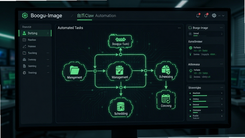 Boogu-Image: 台爪Claw automation dashboard, flowchart visual representation of automated tasks, icons representing file management and scheduling, sleek tech aesthetic, dark mode interface with neon green highlights, detailed UI elements