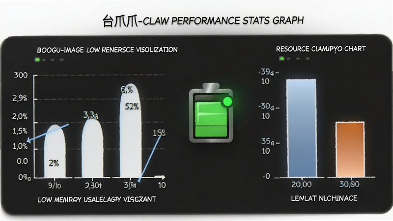 Boogu-Image: 台爪Claw performance stats graph, low memory usage visualization, battery icon with green indicator indicating efficiency, simple bar chart comparing resource consumption, clean white background, modern data visualization style