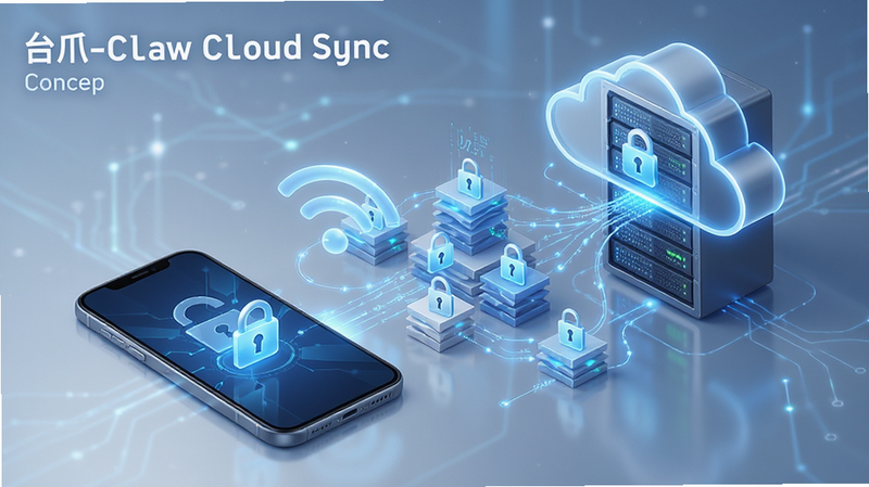 Boogu-Image: 台爪Claw cloud sync concept, smartphone connecting to cloud server via wireless signal lines, secure lock icon on data packets, futuristic network visualization, blue and white color scheme, high detail