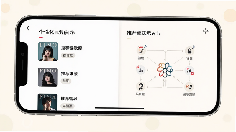 主体为波点音乐APP的推荐歌单界面,手机横屏展示,背景为柔和的米白色,左侧显示个性化推荐列表,右侧显示推荐算法示意图,布局左右分栏,排版整齐,风格为清新简约,细节包括歌曲封面和推荐标签,画质明亮,干净,无多余元素