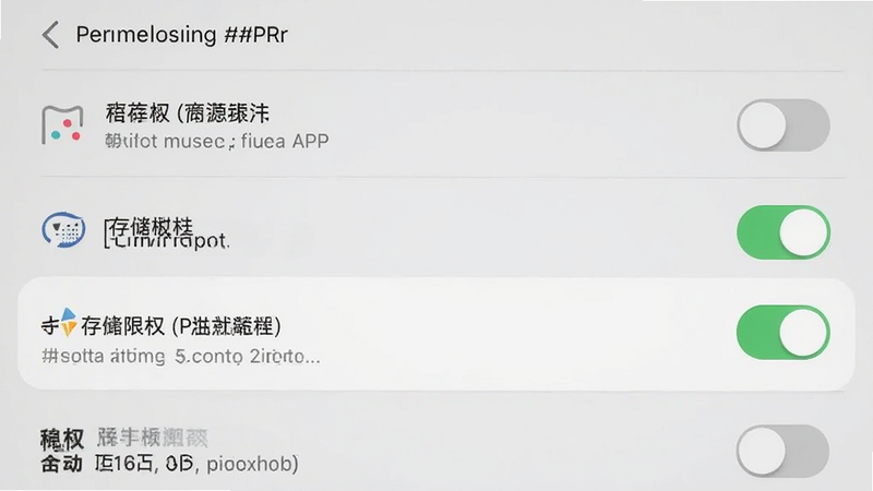 主体为手机设置界面截图,展示波点音乐APP的权限管理页面,背景为浅灰色,中间高亮显示存储权限开关为开启状态,布局垂直排列,排版清晰,风格为系统原生UI风格,细节包括权限列表和开关按钮,画质清晰,干净,无多余元素