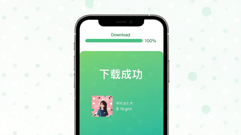 主体为波点音乐APP的下载完成页面,手机屏幕显示下载进度条为100%,背景为绿色渐变,中间显示“下载成功”字样,布局居中,排版简洁,风格为扁平化,细节包括歌曲封面和大小显示,画质明亮,干净,无多余元素