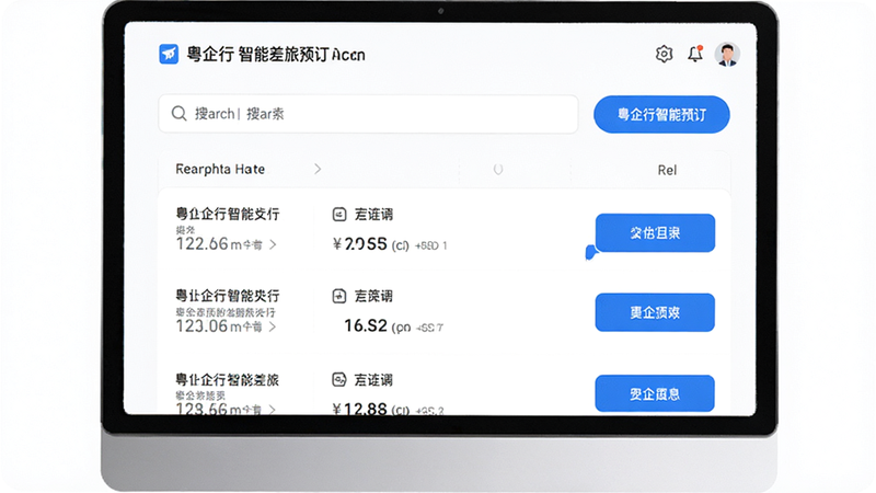 粤企行智能差旅预订界面,展示搜索框和结果列表,蓝色按钮突出,简洁UI设计,白色背景,高清晰度