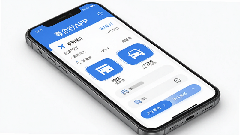 粤企行APP界面展示,简洁现代风格,白色背景,蓝色主色调,显示航班预订、酒店选择、用车服务图标,清晰布局,高画质,无多余元素