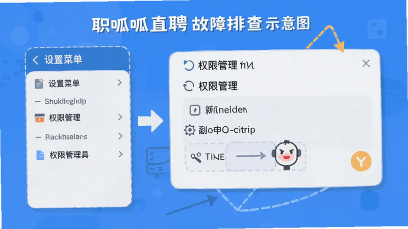职呱呱直聘故障排查示意图,展示设置菜单中的权限管理选项,风格扁平化设计