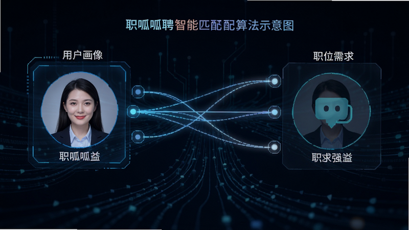 职呱呱直聘智能匹配算法示意图,显示用户画像与职位需求之间的连接线,背景为数据流线条,风格科技感强