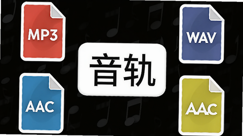 图标集合,包含MP3、WAV、AAC三个文件图标环绕一个中央的“音轨”文字标签,矢量风格,白色背景