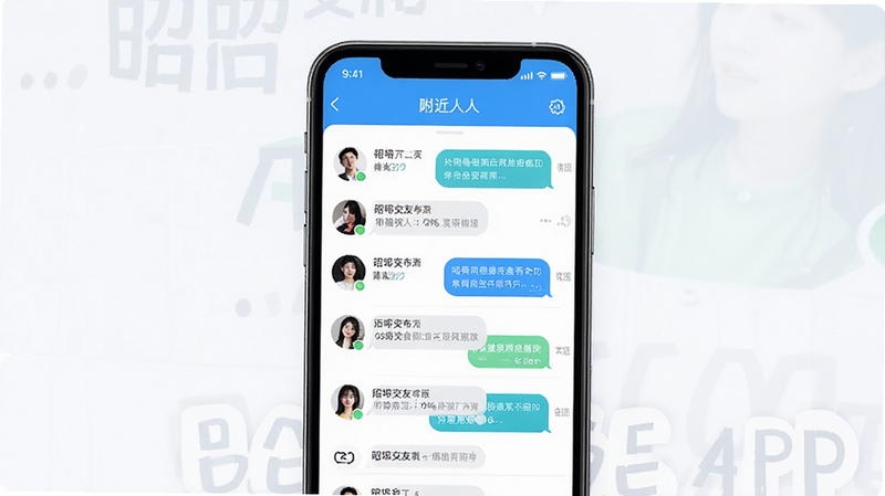 一张展示昭昭交友APP手机界面的高清预览图,主体为手机屏幕,显示着聊天列表和附近的人界面,布局整洁,采用清新蓝色调背景,排版清晰,细节包含头像和消息气泡,风格现代简约,画质4K,干净,无多余元素