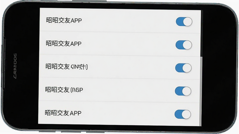 昭昭交友APP在安卓手机上的设置界面截图,主体为手机屏幕,布局为列表设置项,排版垂直,风格扁平化,细节包含权限开关图标,画质清晰,干净,无多余元素