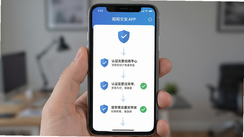 昭昭交友APP的身份认证流程界面,主体为手机屏幕,布局为步骤引导式,排版垂直排列,风格专业严谨,细节包含盾牌图标和勾选标记,画质清晰,干净,无多余元素