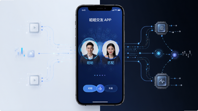 昭昭交友APP的智能匹配算法概念图,主体为手机屏幕上的匹配动画,布局呈现左右对比结构,排版对称,风格科技感强,细节展示数据流和连接节点,画质高清,干净,无多余元素