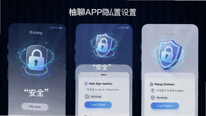 柚聊APP隐私设置界面示意图,展示加密图标和安全盾牌元素,风格科技感,布局整齐,文字