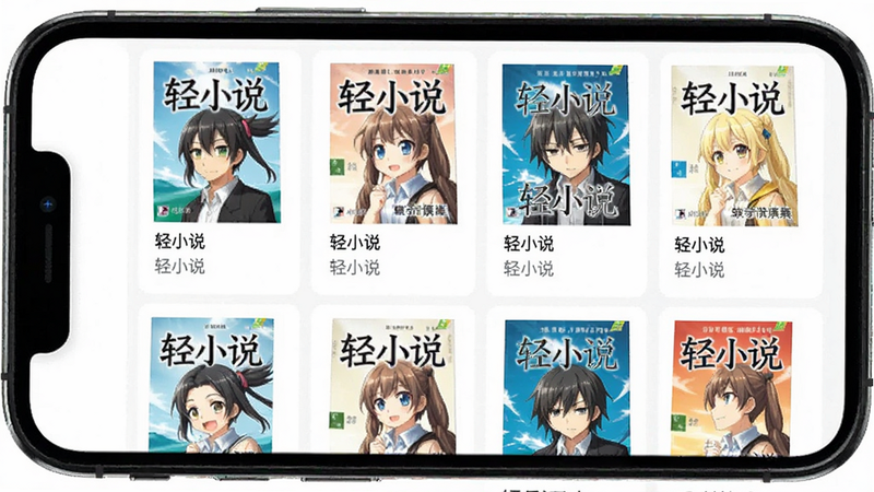 轻小说文库 app 界面展示, 主体为手机屏幕显示书架列表, 布局清晰网格排列, 排版简洁现代, 风格扁平化UI设计, 细节包含书籍封面与标题文字