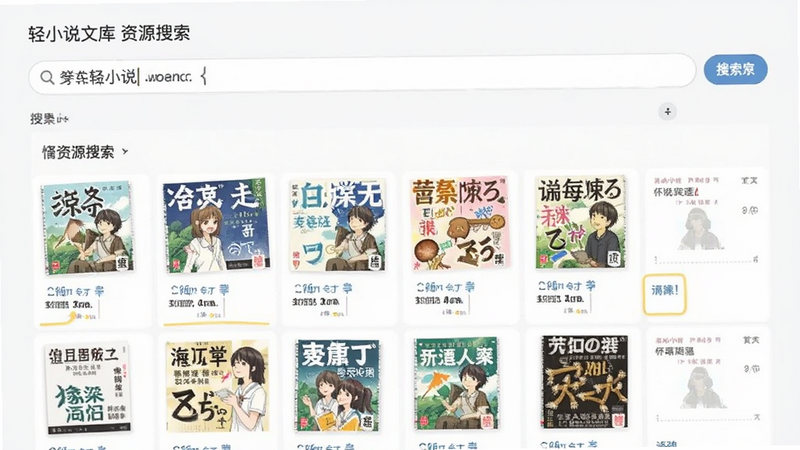轻小说文库 资源搜索界面, 主体为搜索框与结果列表, 布局上下结构, 排版清晰, 风格极简主义, 细节显示关键词输入与书籍卡片, 画质干净无多余元素
