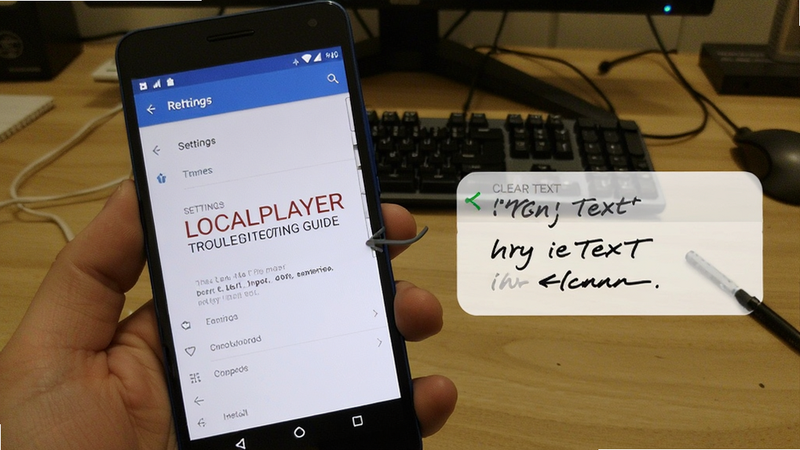 LocalPlayer troubleshooting guide, phone screen showing error message, settings menu, clear text, instructional style, Android UI