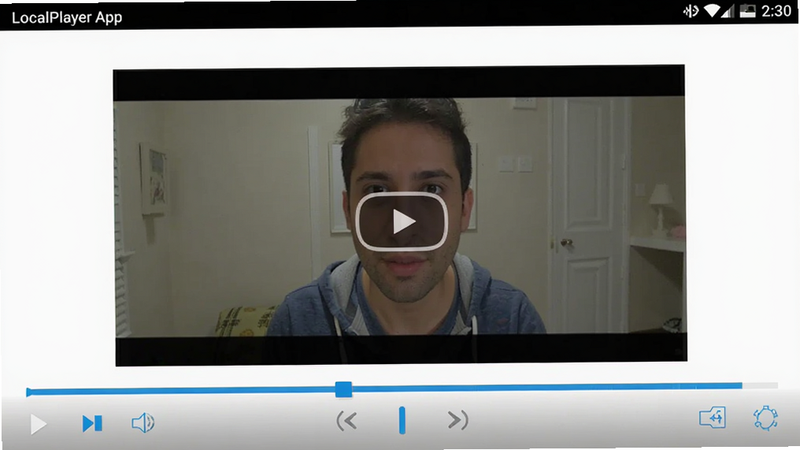 LocalPlayer app screenshot showing a clean video player with no ads, simple controls, blue accent color, Android interface, detailed UI elements, high definition