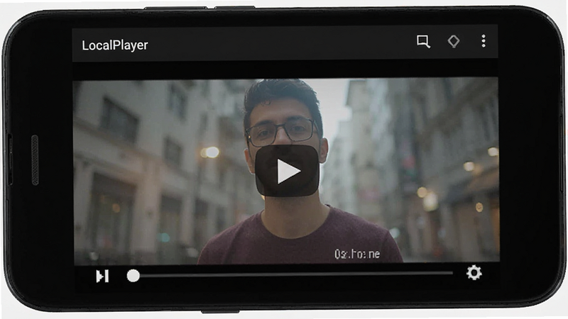 LocalPlayer app interface on Android phone, clean modern UI, dark mode, video playback screen, minimalist design, high quality, 4k resolution, no extra elements, text