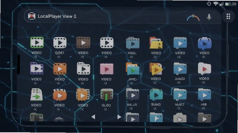 LocalPlayer supported file formats list, diverse video icons, file management view, Android app UI, clean typography, tech style